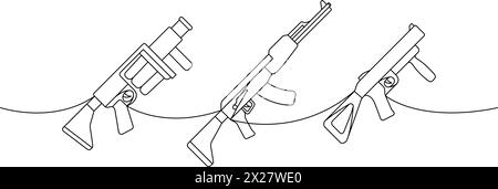 Varie armi moderne disegno continuo su una linea. Lanciagranate, fucile d'assalto AK 47 a una linea continua. Illustrazione lineare vettoriale Illustrazione Vettoriale