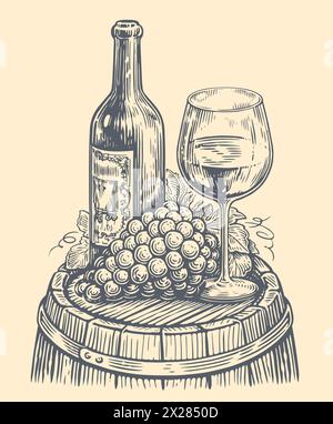 Bottiglia di vino con un bicchiere di grappolo di vino. Disegnare un'illustrazione vettoriale vintage. Azienda vinicola, vigneto Illustrazione Vettoriale