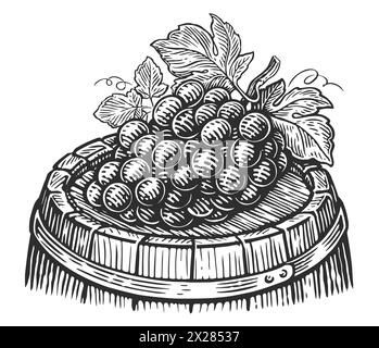 Grappolo di uva con foglie su botte di legno per vino. Illustrazione vettoriale di annata della cantina Illustrazione Vettoriale