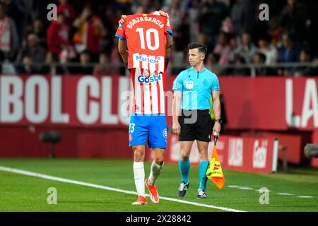 Girona, Spagna. 20 aprile 2024. Ivan Martin (Girona FC) festeggia dopo aver segnato durante la partita di calcio della Liga tra il Girona FC e il Cadice CF, allo stadio Montilivi il 20 aprile 2024 a Girona, in Spagna. Foto: Siu Wu credito: dpa/Alamy Live News Foto Stock