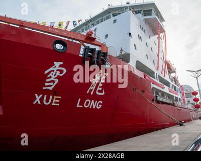 Il 10 aprile, la 40a spedizione antartica della Cina si concluse con il rompighiaccio polare di Xuelong che fece ritorno a Qingdao, Shandong, in Cina. Foto Stock