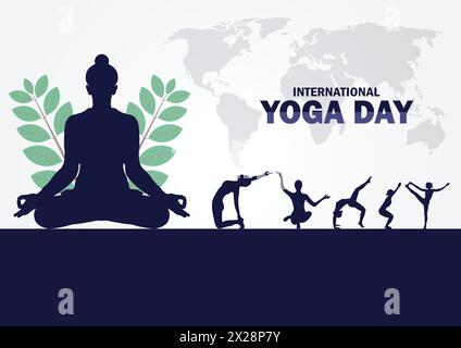 Giornata Internazionale dello Yoga. postura yoga del corpo. Gruppo di donne che praticano yoga. Illustrazione vettoriale per banner, poster o opuscolo. Illustrazione Vettoriale