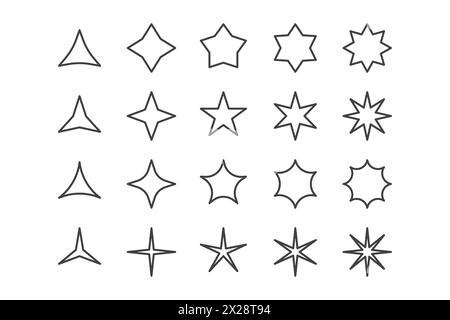 Collezione di stelle di stile di contorno in varie forme e dimensioni Illustrazione Vettoriale