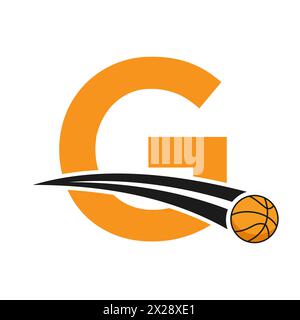 Logo da basket sulla lettera G Concept con simbolo da basket in movimento. Insegna basket Illustrazione Vettoriale