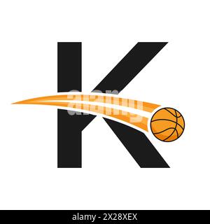 Logo da basket sulla lettera K con simbolo da basket in movimento. Insegna basket Illustrazione Vettoriale