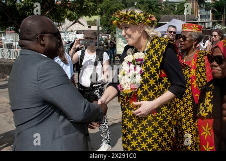 Francia. 21 aprile 2024. Marine le Pen, leader del gruppo parlamentare Rally Nazionale di destra durante una visita all'isola francese dell'Oceano Indiano di Mayotte il 20 aprile 2024. Foto di David Lemor/ ABACAPRESS.COM credito: Abaca Press/Alamy Live News Foto Stock