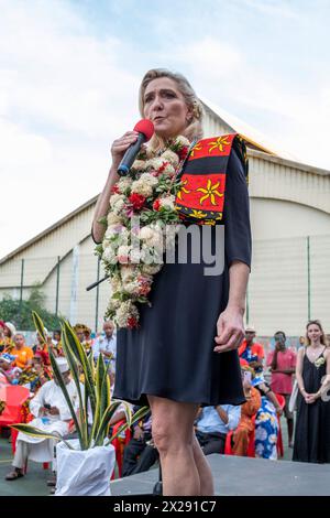 Francia. 21 aprile 2024. Marine le Pen, leader del gruppo parlamentare Rally Nazionale di destra durante una visita all'isola francese dell'Oceano Indiano di Mayotte il 20 aprile 2024. Foto di David Lemor/ ABACAPRESS.COM credito: Abaca Press/Alamy Live News Foto Stock