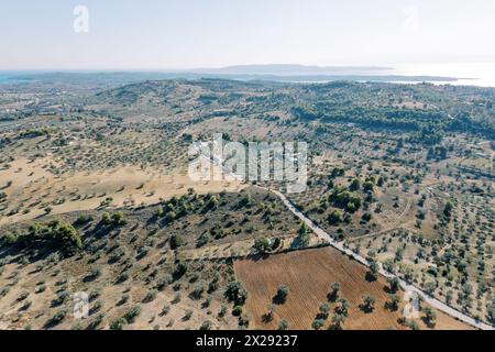 Strada attraverso oliveti sui pendii di montagna. Grecia. Drone Foto Stock