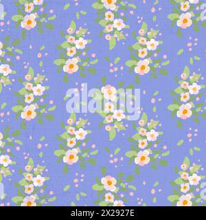 Motivo senza cuciture fiori tradizionali ramo di melo sfondo blu trama disegnata a mano petali bianchi folcloristici foglie margherita verdi ornamento luminoso illustrazione piatta vettoriale Illustrazione Vettoriale