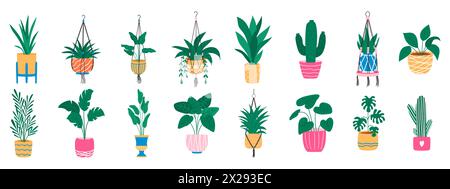 Piante da casa in vaso in grucce per macrame. Set di piante per la casa. Illustrazione Vettoriale