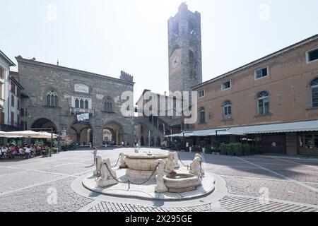 Fontana Contarini in marmo del XVIII secolo, Palazzo gotico della ragione del XII secolo, Torre Civica romanica Foto Stock