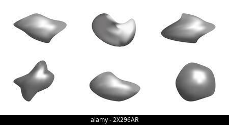 Forme 3D in elemento metallico stile Y2K. Gocce e forme astratte. Impostare per il design Web del poster per banner. Illustrazione vettoriale. Illustrazione Vettoriale