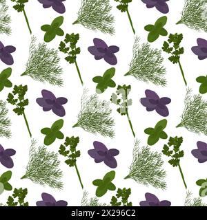 Erbe fresche e spezie condimenti senza cuciture. Progettazione di imballaggi, sfondo, poster, opuscolo. Illustrazione piatta vettoriale. Illustrazione Vettoriale