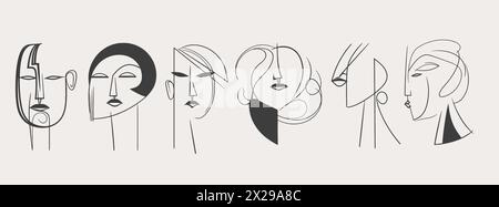 Grande set di facce diverse, forme astratte. Stile di pittura a inchiostro. Illustrazioni vettoriali contemporanee disegnate a mano. Linea continua, minimalista ed elegante Illustrazione Vettoriale
