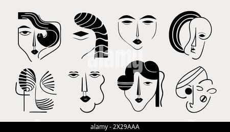 Grande set di facce diverse, forme astratte. Stile di pittura a inchiostro. Illustrazioni vettoriali contemporanee disegnate a mano. Linea continua, minimalista ed elegante Illustrazione Vettoriale