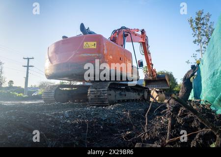 Bulldozer che lavora in un cantiere residenziale. Vista ad angolo basso. Foto Stock