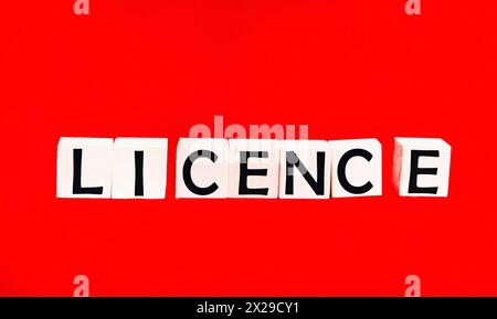 La parola "LICENZA" è costituita da mattoni di legno su sfondo rosso Foto Stock