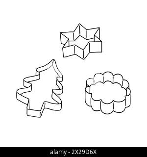 Vista laterale delle frese per biscotti in forme diverse, stella, tonda, albero di Natale, disegno vettoriale piatto stile doodle per libri da colorare per bambini Illustrazione Vettoriale