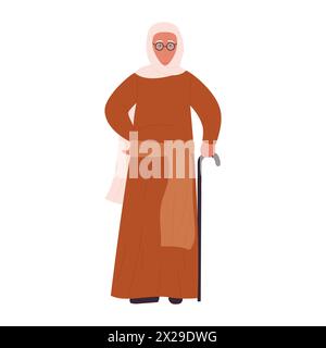 Anziana nonna musulmana in abiti tradizionali con canna, donna anziana in piedi illustrazione vettoriale Illustrazione Vettoriale