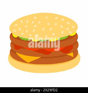 Hamburger con triplo filetto di carne, ketchup, senape, formaggio, fetta di cetriolo icona in stile cartoni animati piatto. Illustrazione vettoriale isolata su backgrou bianco Illustrazione Vettoriale