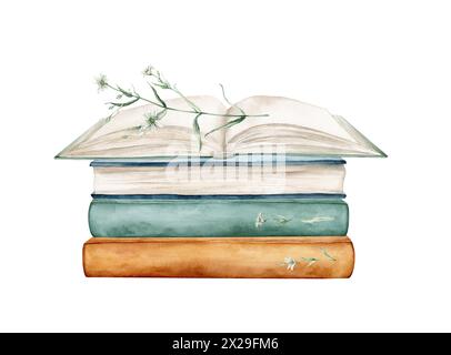 Set di libri con piante fiori illustrazione acquerello isolata su sfondo bianco. Libri aperti di colore marrone/verde. Pila di libri clipart. Vintage Foto Stock