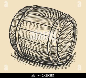 Botte di legno per la conservazione di bevande alcoliche. Schizzo di Oak Barrel. Illustrazione vettoriale in stile incisione vintage Illustrazione Vettoriale