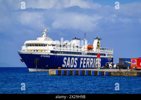 Traghetto Stavros, SAOS Ferries, attracco alla popolare destinazione turistica di Kos, Kos Town, Kos Island, Grecia Foto Stock