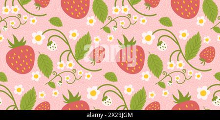 Design di un motivo di fragole senza cuciture con bacche, fiori e foglie verdi affascinanti. Design ripetuto della superficie applicabile a abbigliamento, tessuti, involucri Illustrazione Vettoriale