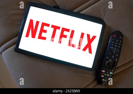 20 aprile 2024, Brasile. In questa illustrazione fotografica, il logo del fornitore globale di film e serie tramite streaming Netflix visualizzato su un tablet Foto Stock