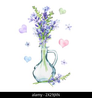 Illustrazione ad acquerello disegnata a mano. Bouquet primaverile di lavanda in una caraffa di vetro con ramoscelli e cuori decorativi colorati Foto Stock
