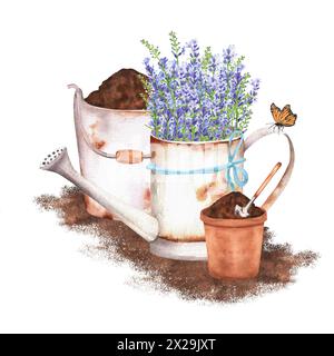 Illustrazione ad acquerello disegnata a mano. Ambiente rustico con una lattina da irrigazione con lavanda, vaso di fiori, secchio pieno di terreno, attrezzi da giardino e farfalla Foto Stock