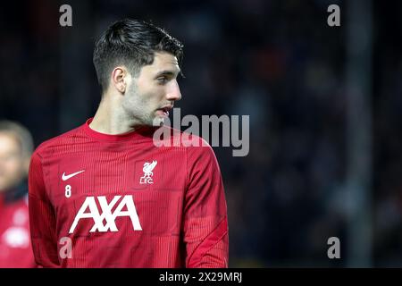 Bergamo, Italia, 18 aprile 2024. Dominik Szoboszlai durante la partita tra Atalanta e Liverpool per UEFA Europa League allo stadio Gewiss di Bergamo Foto Stock