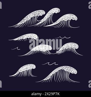 Onde marine impostate. Illustrazione del vettore d'acqua disegnata a mano Illustrazione Vettoriale