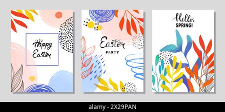 Colorato set pasquale di poster, cartoline o volantini. Modelli vettoriali con forme astratte e piante primaverili Illustrazione Vettoriale