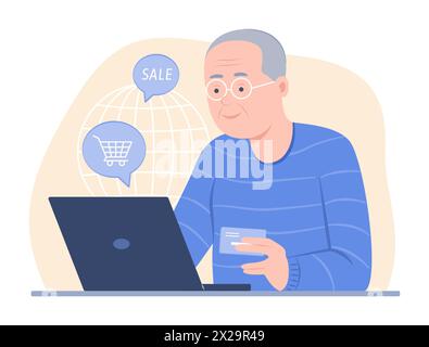 Anziani che fanno acquisti online su notebook per l'illustrazione del concetto di e-Commerce Illustrazione Vettoriale