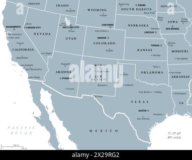 Regione sud-occidentale degli Stati Uniti, mappa politica grigia. Stati del sud-ovest americano, semplicemente sud-ovest. Regione geografica e culturale. Foto Stock