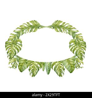 Cornice di foglie verdi tropicali per il testo. Design della carta d'invito con rami di banana e monstera. Corona di acquerelli disegnata a mano Foto Stock