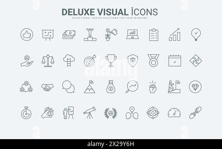 Strategia efficiente e produttiva, crescita della carriera per dipendenti e team sottili simboli di contorno neri e rossi, illustrazione vettoriale. Motivazione e supporto aziendale, set di icone della linea di gestione dei piani. Illustrazione Vettoriale