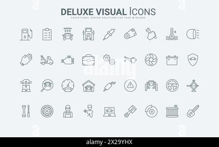 Delineare i simboli del garage e dell'officina, del lavoro dei meccanici e dei tecnici, del rimorchio e della batteria del veicolo. Servizio di riparazione e manutenzione auto le icone sottili di linea nera e rossa creano un'illustrazione vettoriale. Illustrazione Vettoriale