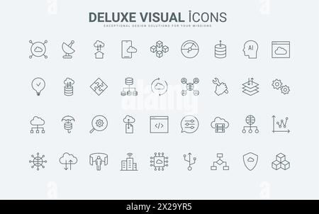 Servizi di supporto digitale e hardware per sincronizzare e scaricare file, trasferire e scambiare informazioni, aggiornare simboli di contorno neri e rossi sottili, illustrazione vettoriale. Set di icone della linea di cloud computing. Illustrazione Vettoriale