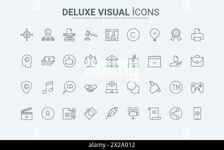 Creazione di contenuti, idee per gli autori, matita e penna per scrivere l'articolo, illustrazione vettoriale con simboli neri e rossi sottili. Sviluppo e protezione del set di icone di marchi, brevetti e proprietà intellettuale. Illustrazione Vettoriale