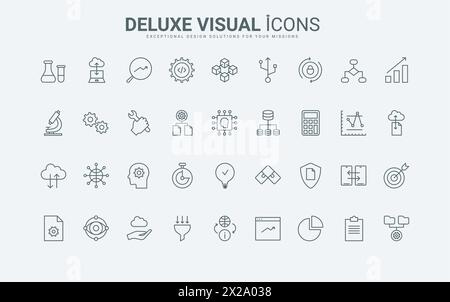 Delineare i simboli della chimica e della ricerca di laboratorio con il microscopio, analisi digitale automatica dei modelli di innovazione, idea creativa. Le icone di linea nera e rossa sottili della scienza dei dati impostano l'illustrazione vettoriale Illustrazione Vettoriale