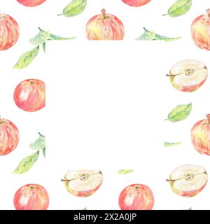 Cornice ad acquerello a fette di mela immagine isolata in rosso su sfondo bianco. Frutta autunnale per logo, menu, carta. Arte per il design. Menu salutare Foto Stock