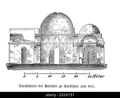 Questa immagine fornisce la sezione interna del Palazzo Sarvestico in Iran, uno splendido esempio di architettura sasanide risalente al V secolo. Il palazzo presenta imponenti soffitti a volta, intricate decorazioni in stucco e ampi archi che parlano dell'abilità architettonica dell'epoca. Le rovine riecheggiano la grandiosità dell'impero persiano, con resti di rilievi ornamentali che un tempo adornavano le pareti, mostrando una miscela di arte e ingegneria che ha affascinato sia gli storici che i visitatori. Foto Stock