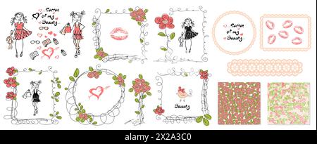 Montature per doodle con motivi floreali per ragazze in stile disegnato a mano. Festa di compleanno. Vettore di sfondo foglie e rosa. Set scarabocchi per bambini. Sfondo rosa. Patt. Disegno a mano Illustrazione Vettoriale