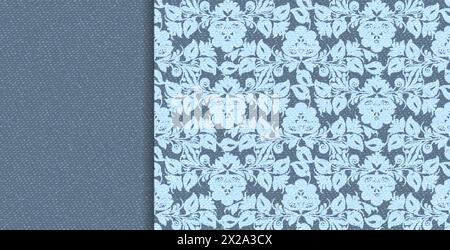 Pizzo floreale denim vettoriale in stile indaco astratto su sfondo blu. Motivo floreale decorativo senza cuciture. Struttura in tessuto. Illus vintage vettoriale Illustrazione Vettoriale