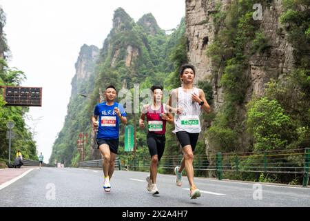 Zhangjiajie, la provincia cinese di Hunan. 21 aprile 2024. I partecipanti prendono parte alla maratona di Zhangjiajie Wulingyuan del 2024, tenutasi presso il Parco forestale nazionale di Zhangjiajie, nella provincia di Hunan della Cina centrale, il 21 aprile 2024. PER ANDARE CON i corridori kenioti, vinci la maratona di Wulingyuan nel "mondo avatar" cinese credito: Chen Sihan/Xinhua/Alamy Live News Foto Stock