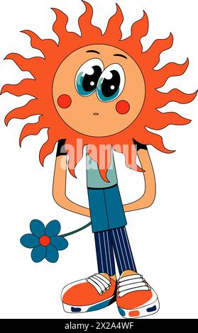 Sole comico piatto con occhi e viso e con fiore in mano. Illustrazione Vettoriale