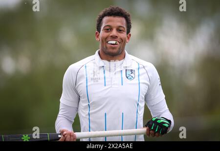 Waterloo, Belgio. 21 aprile 2024. Nelson Onana di Braxgata raffigurato durante una partita di hockey tra Waterloo Ducks e Braxgata, domenica 21 aprile 2024 a Waterloo, il giorno 21 della stagione belga di hockey maschile 2023-2024. BELGA PHOTO VIRGINIE LEFOUR credito: Belga News Agency/Alamy Live News Foto Stock