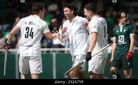 Waterloo, Belgio. 21 aprile 2024. Daragh Walsh di Braxgata festeggia dopo aver segnato durante una partita di hockey tra Waterloo Ducks e Braxgata, domenica 21 aprile 2024 a Waterloo, il giorno 21 della stagione belga di hockey maschile 2023-2024. BELGA PHOTO VIRGINIE LEFOUR credito: Belga News Agency/Alamy Live News Foto Stock